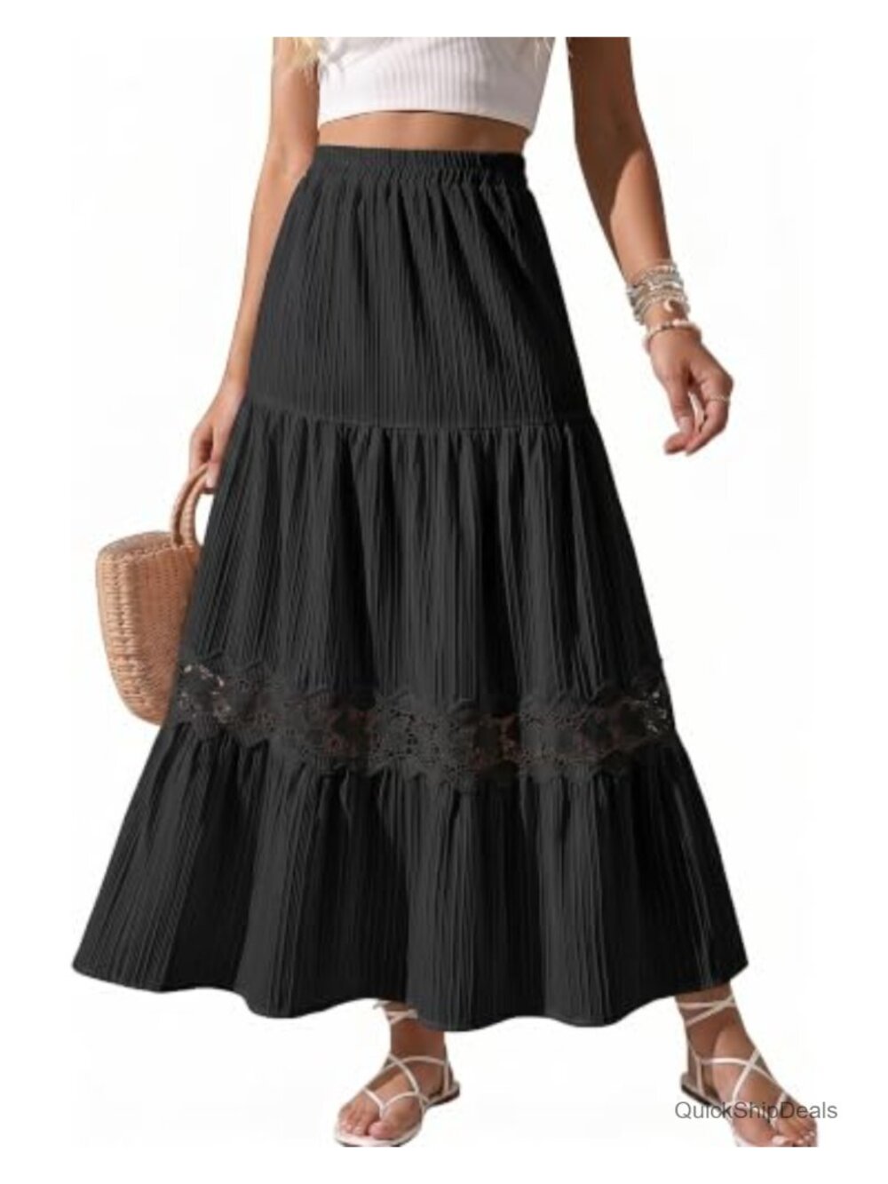 Boho Maxi Skirt Flowy Lace Patchwork Tiered A-Line Vacation